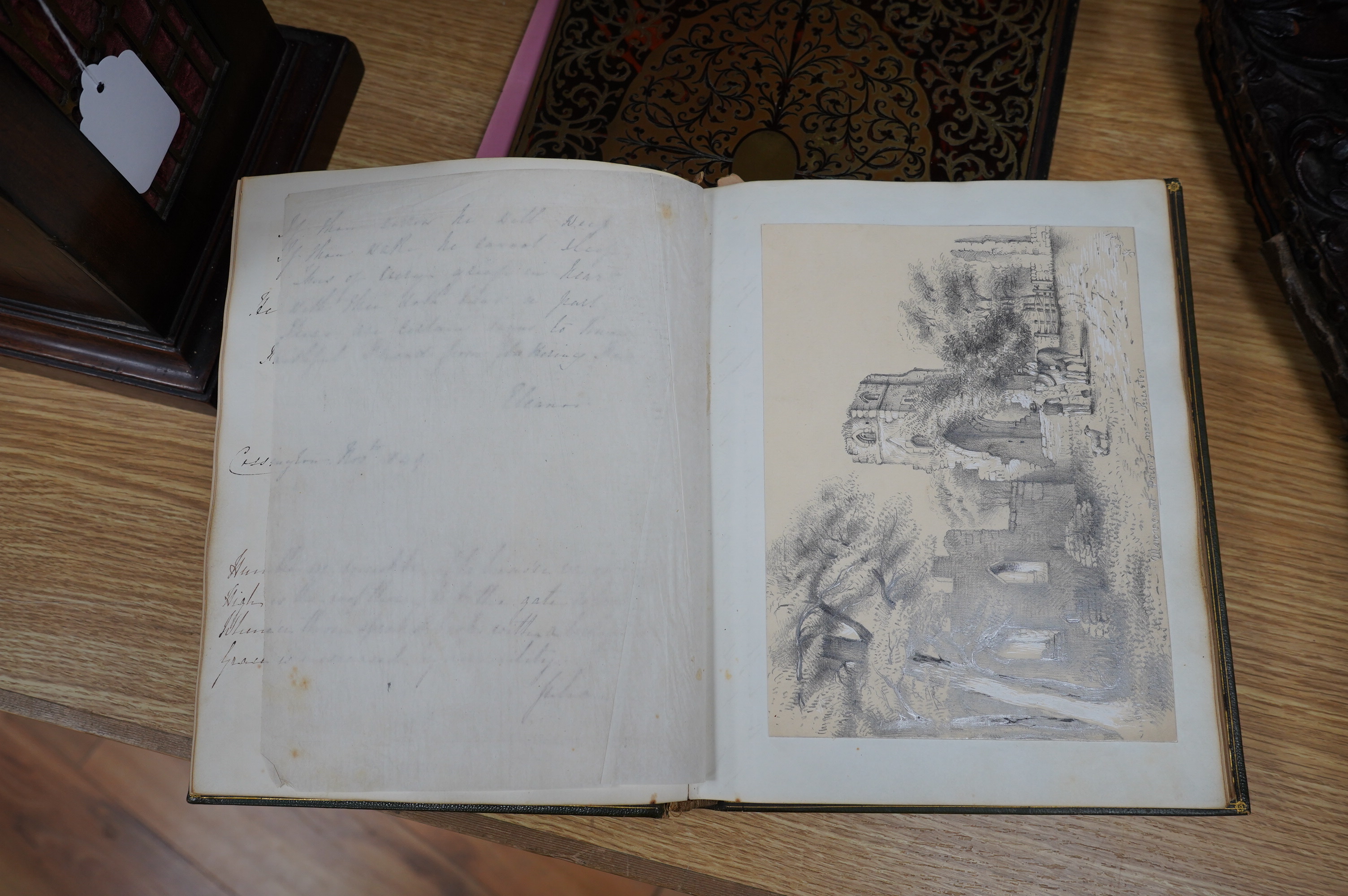 An early Victorian leather p-bound album compiled by Sophia Smith, July 1847, with verses and watercolour sketches. Condition - fair